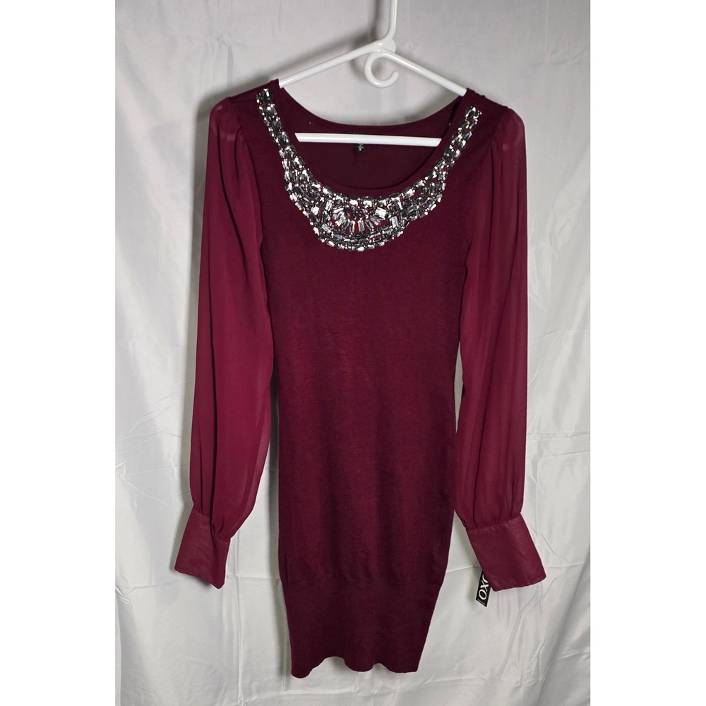XOXO Burgundy Embellished Neck Sheer Sleeve Knit‎ Mini Dress Small New